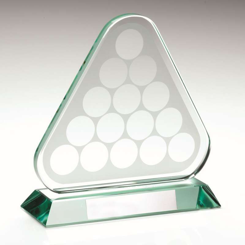 JADE GLASS POOL/SNOOKER BALLS IN TRIANGLE WITH PLATE – 6.75in