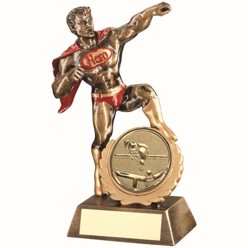 BRZ/GOLD/RED RESIN GENERIC HERO AWARD WITH POOL/SNOOKER INSERT & PLATE – 7.25″