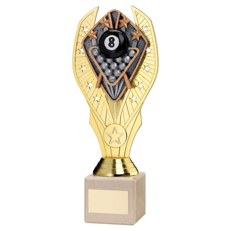 GOLD PLASTIC HOLDER + POOL DISC ON CREAM MARBLE TROPHY (1in CEN) – 7.75in