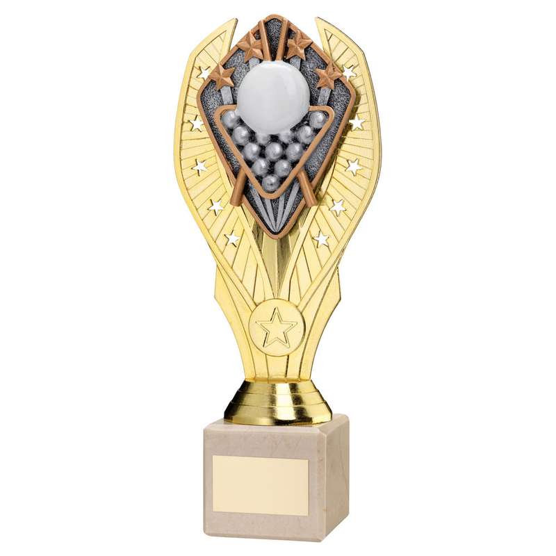 GOLD PLASTIC HOLDER + SNOOKER DISC ON CREAM MARBLE TROPHY (1in CEN) – 7.75in