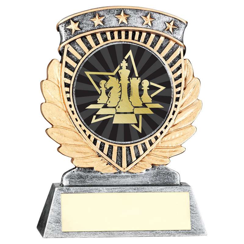 PEW/GOLD 5 STAR HOLDER WITH VINYL CHESS INSERT & PLATE – 3.75in