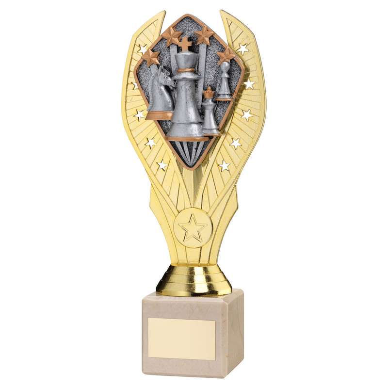 GOLD PLASTIC HOLDER + CHESS DISC ON CREAM MARBLE TROPHY (1in CEN) – 7.75in