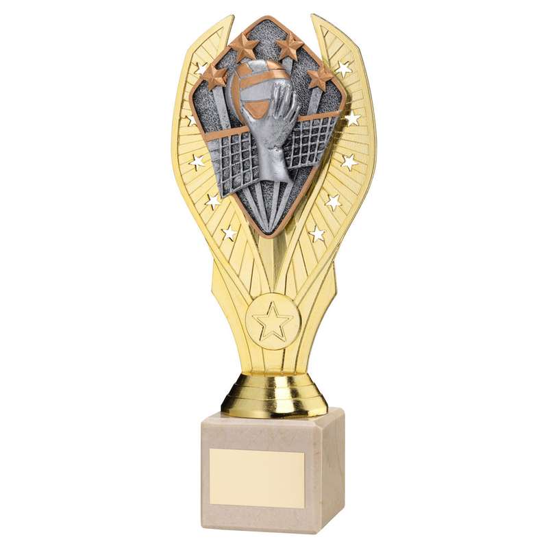 GOLD PLASTIC HOLDER + VOLLEYBALL DISC ON CREAM MARBLE TROPHY (1in CEN) – 7.75in