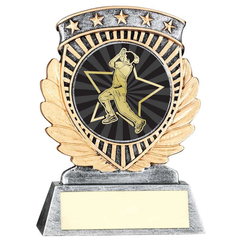 PEW/GOLD 5 STAR HOLDER WITH VINYL CRICKET BOWLER INSERT & PLATE – 3.75in