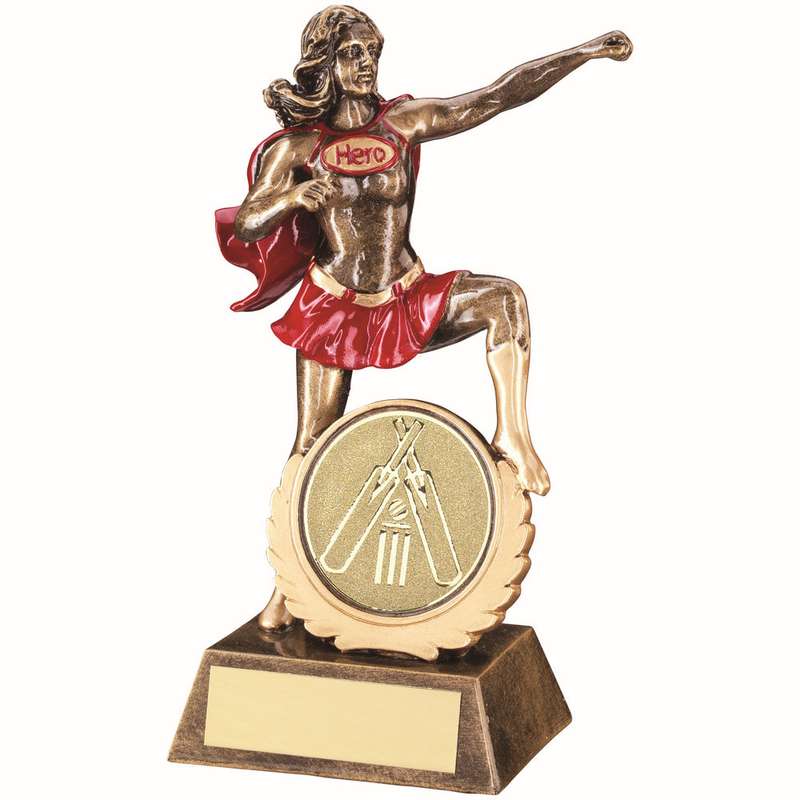 BRZ/GOLD/RED RESIN FEMALE HERO AWARD WITH CRICKET INSERT – 7.5in
