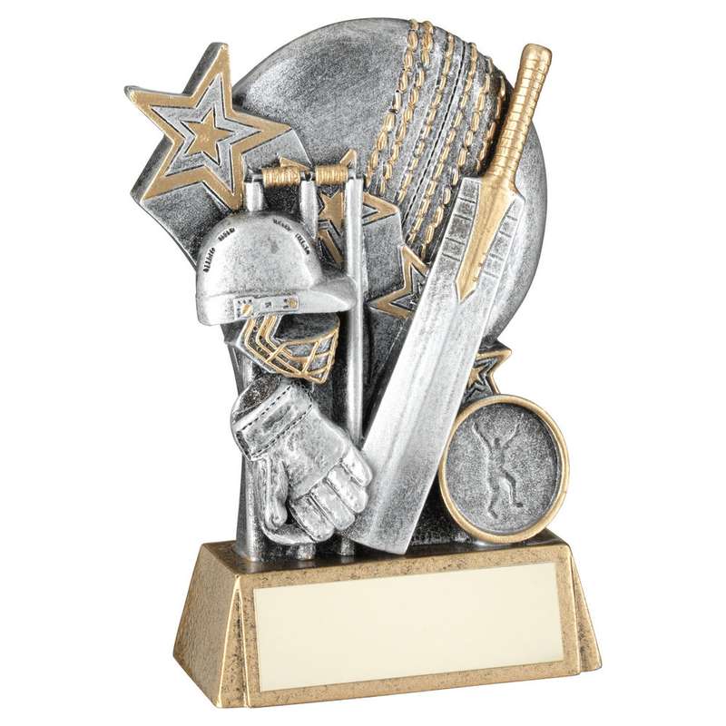 PEW/GOLD CRICKET BALL WITH BAT/STUMPS ON BRZ BASE WITH PLATE (1in CEN) – 5.25″