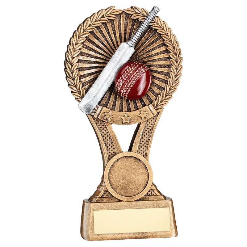 BRZ/GOLD/PEW CRICKET ROUND WREATH ON V RISER WITH PLATE (1in CEN) – 5in