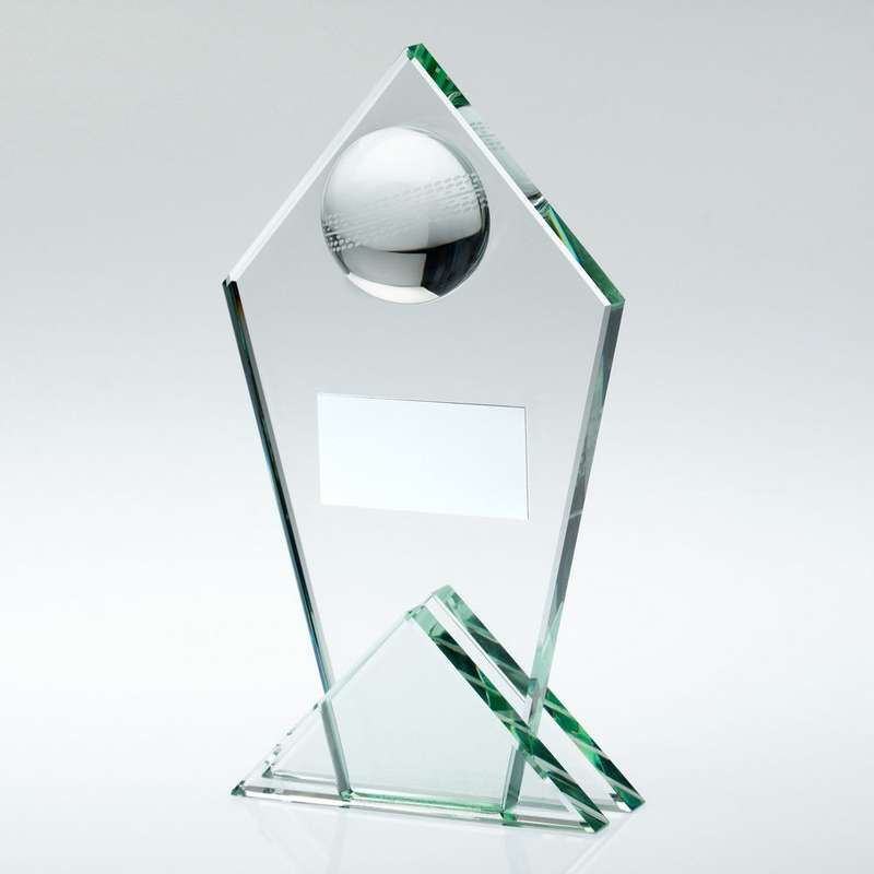 JADE GLASS POINTED PLAQUE WITH HALF CRICKET BALL AND PLATE – 5.75in