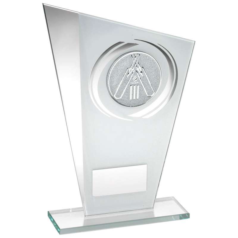 WHITE/SILVER PRINTED GLASS PLAQUE WITH CRICKET INSERT AND PLATE - 8in