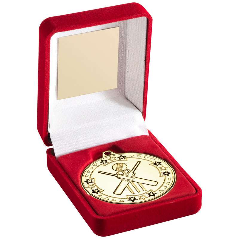 RED VELVET BOX AND 50mm MEDAL CRICKET TROPHY GOLD – 3.5in