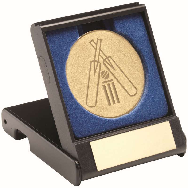 BLACK PLASTIC BOX WITH CRICKET INSERT TROPHY GOLD - 3.5in