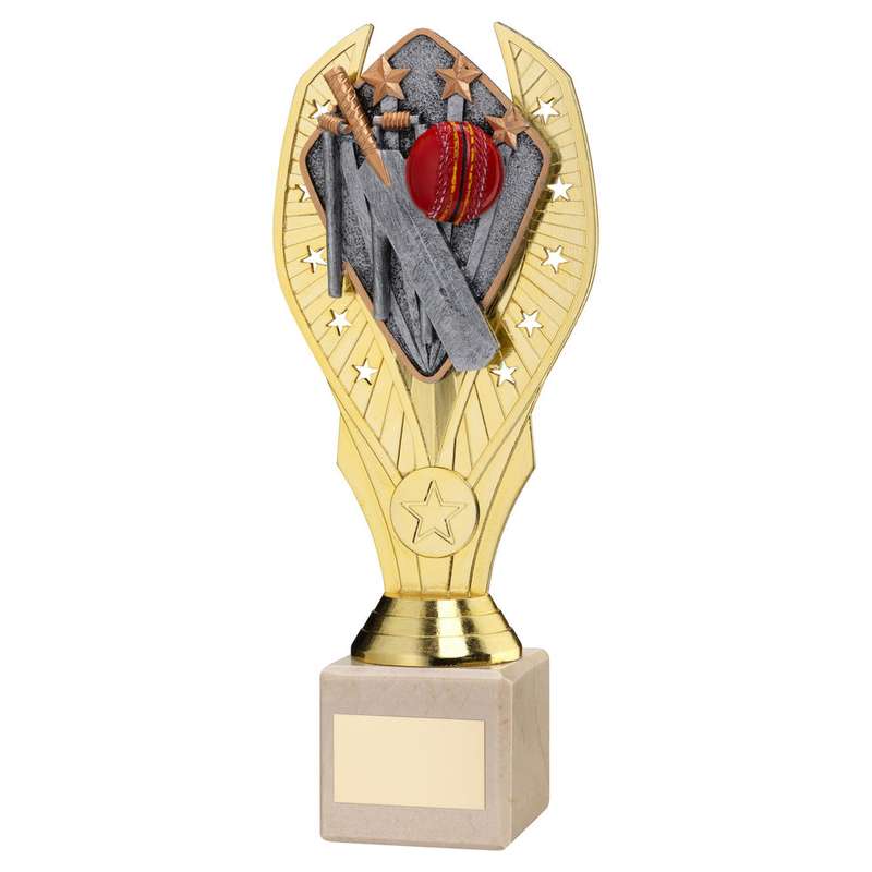 GOLD PLASTIC HOLDER + CRICKET DISC ON CREAM MARBLE TROPHY (1in CEN) – 7.75in