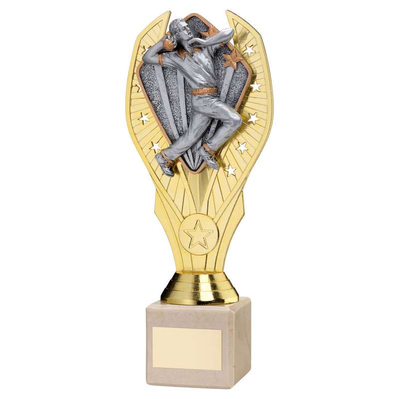 GOLD PLASTIC HOLDER + CRICKET BOWLER DISC & CREAM MARBLE TROPHY (1in CEN) – 7.75in