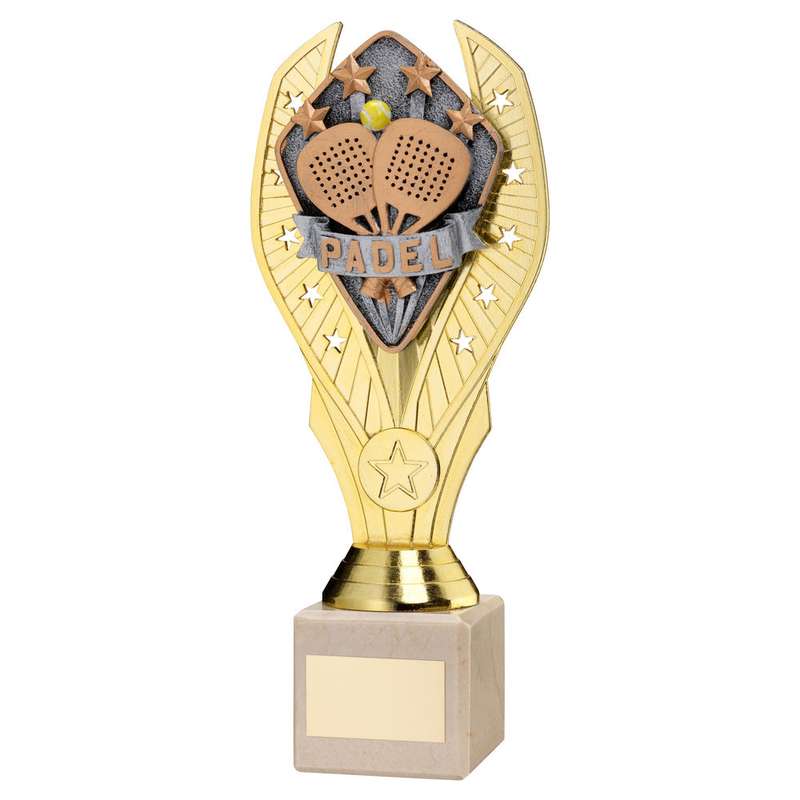 GOLD PLASTIC HOLDER + PADEL DISC ON CREAM MARBLE TROPHY (1in CEN) – 7.75in