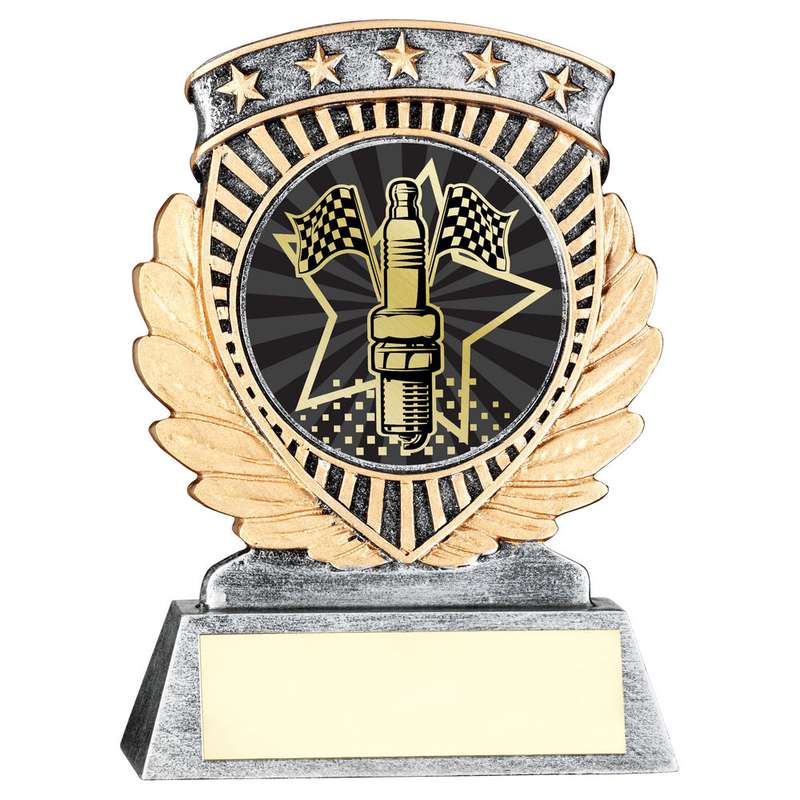 PEW/GOLD 5 STAR HOLDER WITH VINYL MOTOR SPORT INSERT & PLATE – 3.75in
