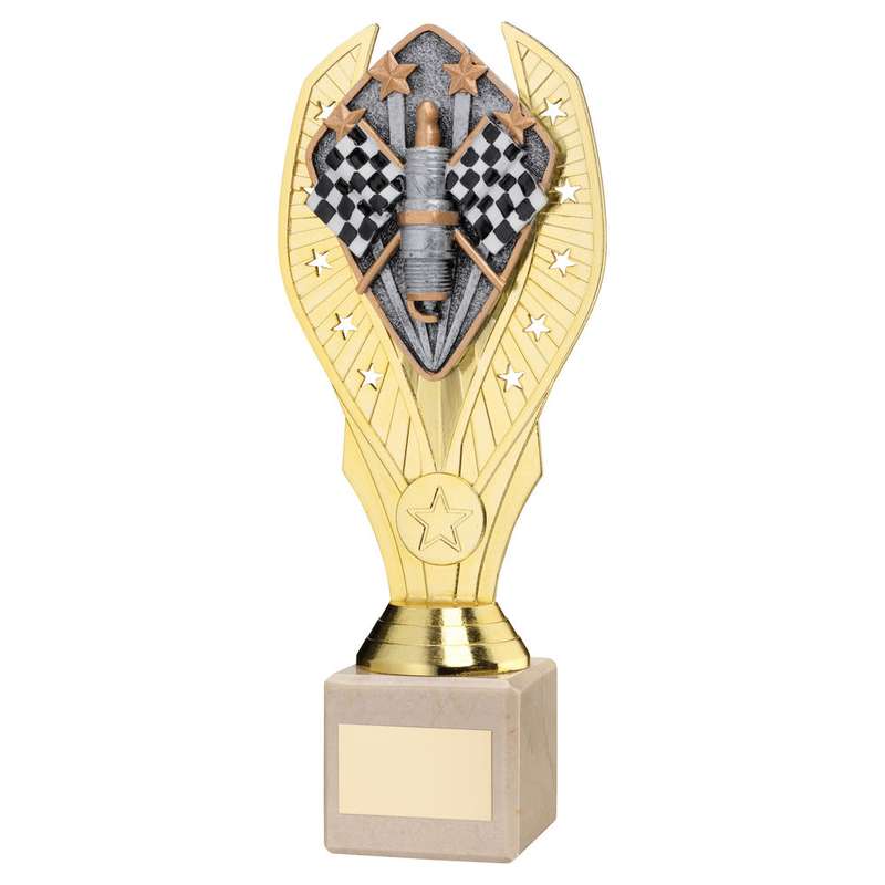 GOLD PLASTIC HOLDER + MOTOR SPORT DISC ON CREAM MARBLE TROPHY (1in CEN) – 7.75in