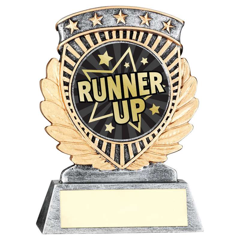 PEW/GOLD 5 STAR HOLDER WITH VINYL RUNNER UP INSERT & PLATE – 3.75in