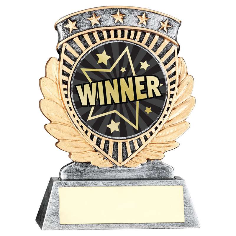 PEW/GOLD 5 STAR HOLDER WITH VINYL WINNER INSERT & PLATE – 3.75in