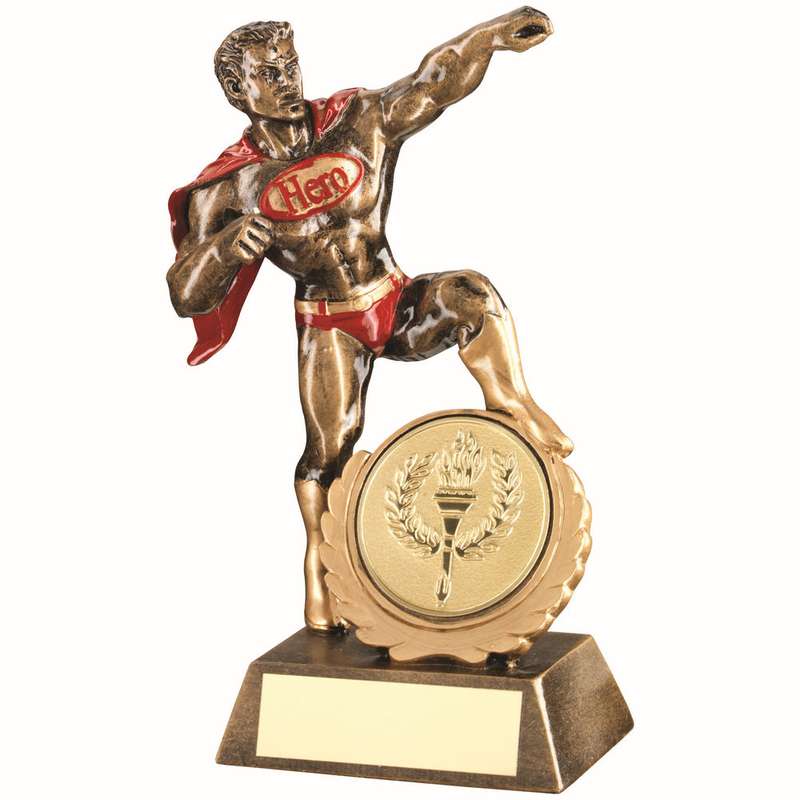 BRZ/GOLD/RED RESIN GENERIC HERO WITH PLATE (2in CENTRE) – 7.25in