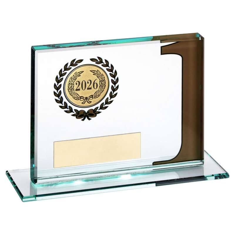 JADE GLASS PLAQUE WITH NUMBER AND PLATE (1in CENTRE) GOLD 1ST – 3.25 x 4in