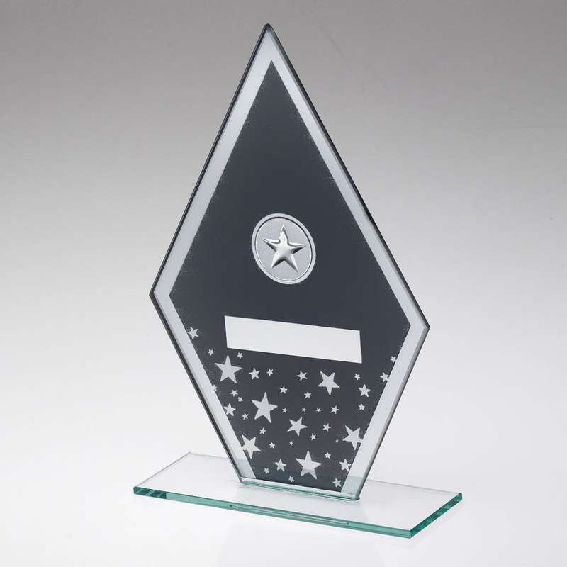 GREY/SILVER PRINTED GLASS DIAMOND WITH SILVER STARS AND PLATE – (1in CEN) 6.5in