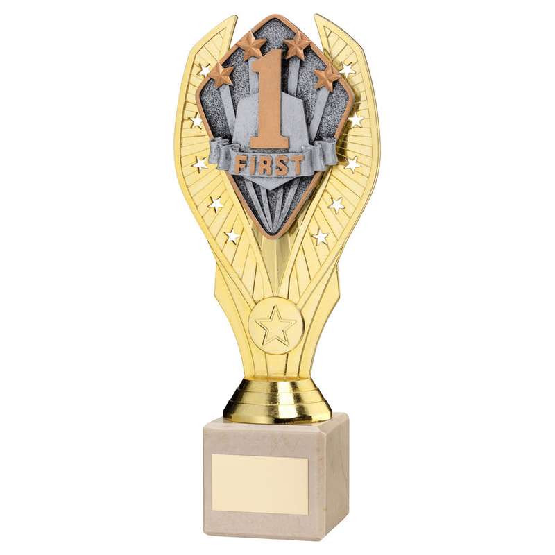 GOLD PLASTIC HOLDER + FIRST DISC ON CREAM MARBLE TROPHY (1in CEN) – 7.75in