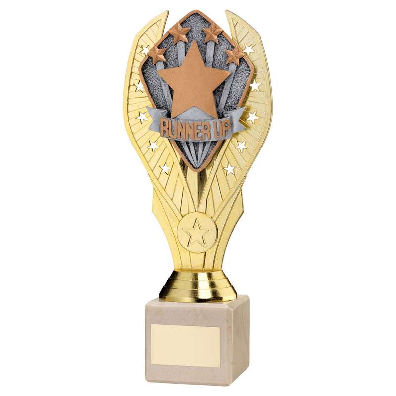 GOLD PLASTIC HOLDER + RUNNER UP DISC ON CREAM MARBLE TROPHY (1in CEN) – 7.75in