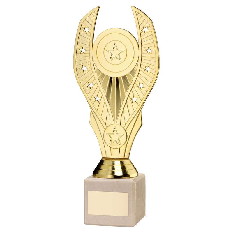 GOLD PLASTIC HOLDER ON CREAM MARBLE TROPHY (1in & 2in/RD) – 7.75in