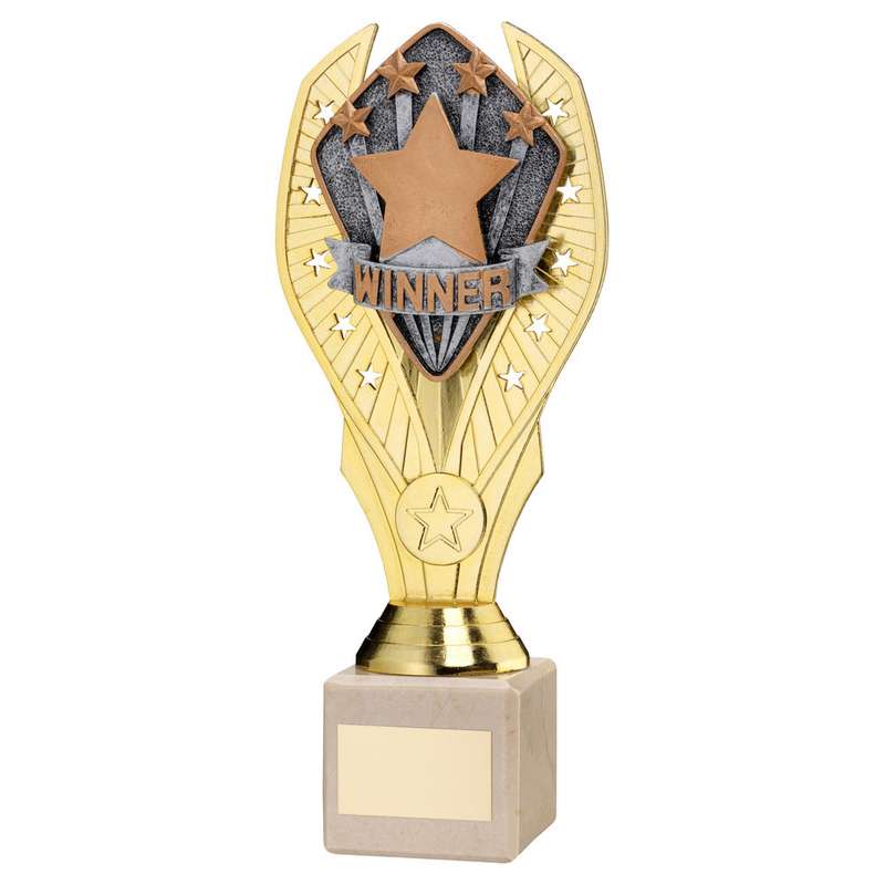 GOLD PLASTIC HOLDER + WINNER DISC ON CREAM MARBLE TROPHY (1in CEN) – 7.75in