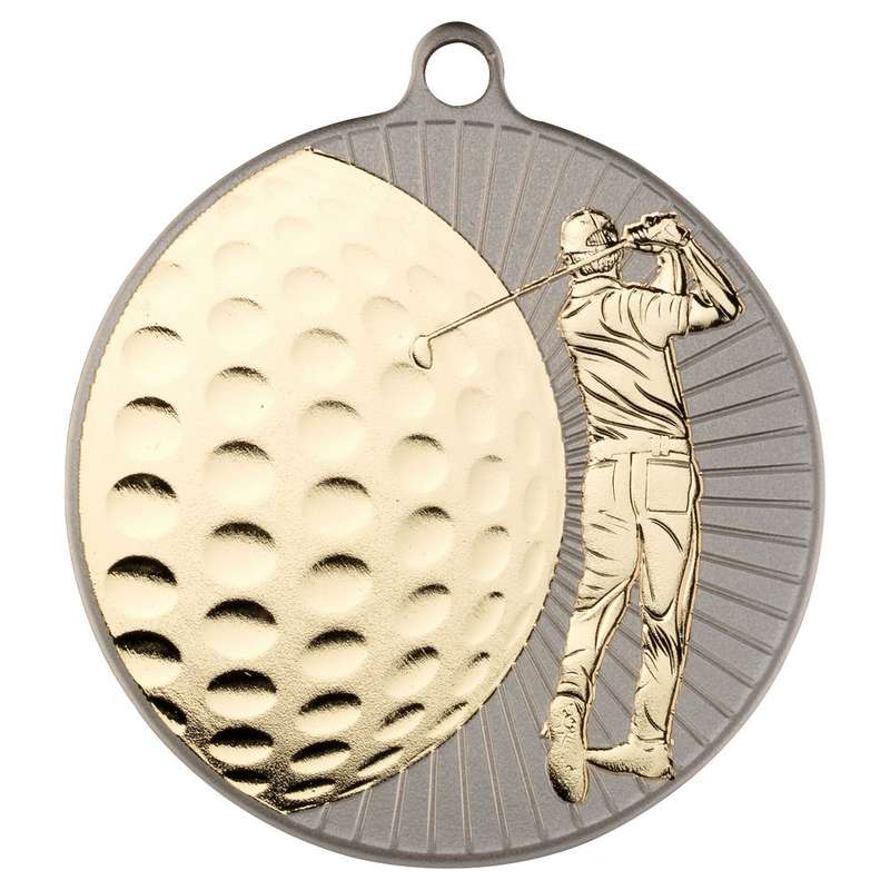 LARGE GOLF TWO COLOUR MEDAL MATT SILVER/BRONZE – 2.75in