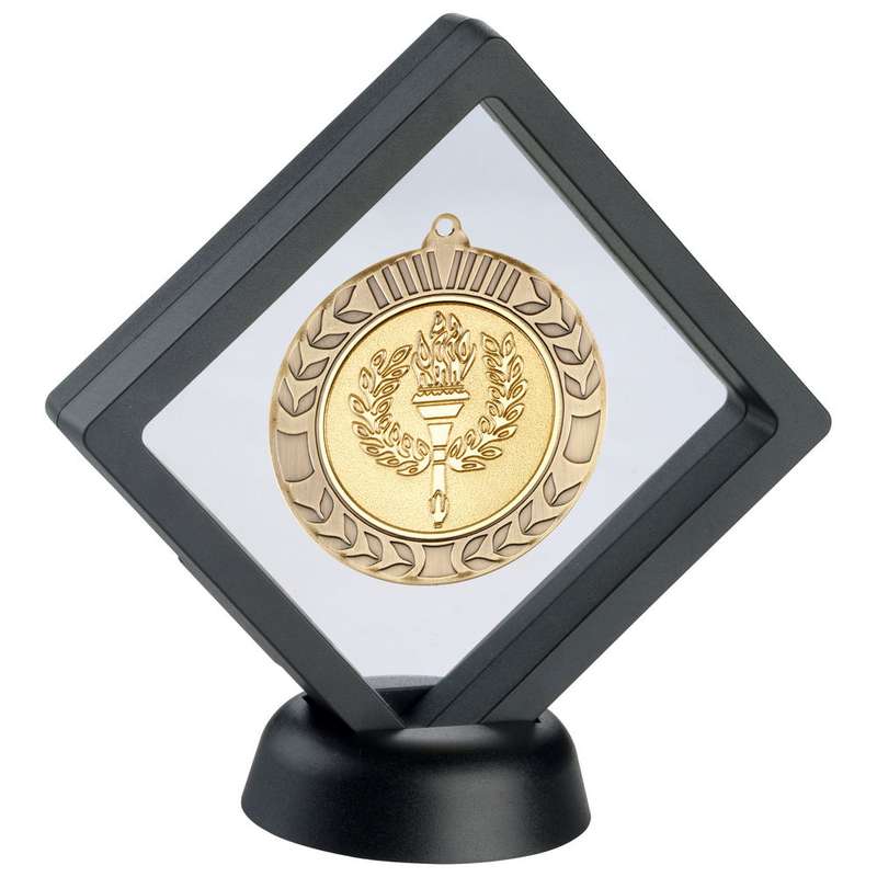 BLACK/CLEAR PLASTIC MEDAL BOX WITH STAND (FOR 70mm MEDAL) – 6in