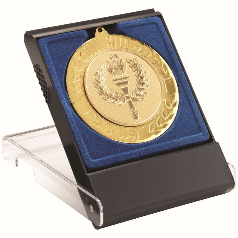 BLACK/CLEAR MEDAL BOX LARGE (50/60/70mm RECESS BLUE INSERT) – 4.75in