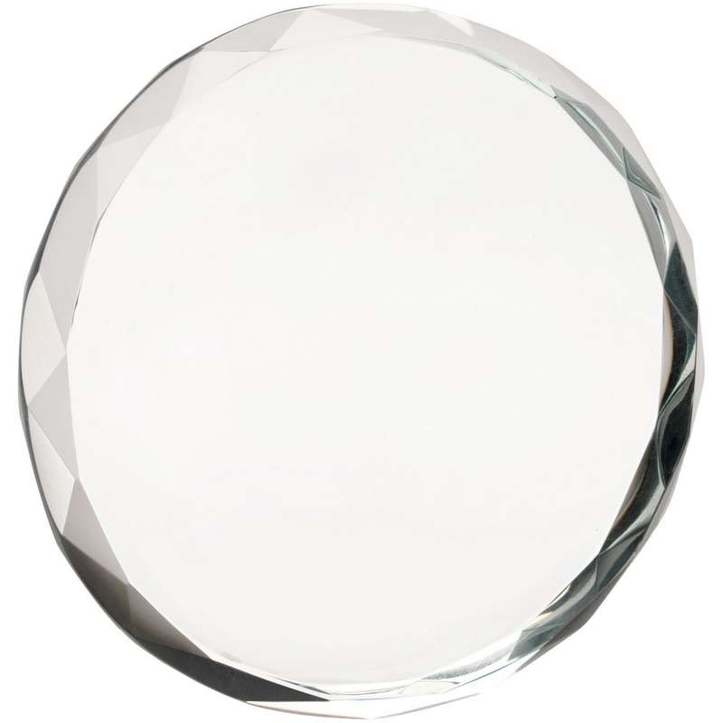 CLEAR GLASS ROUND PAPERWEIGHT WITH FACETED EDGE (19mm THICK) – 3.25in