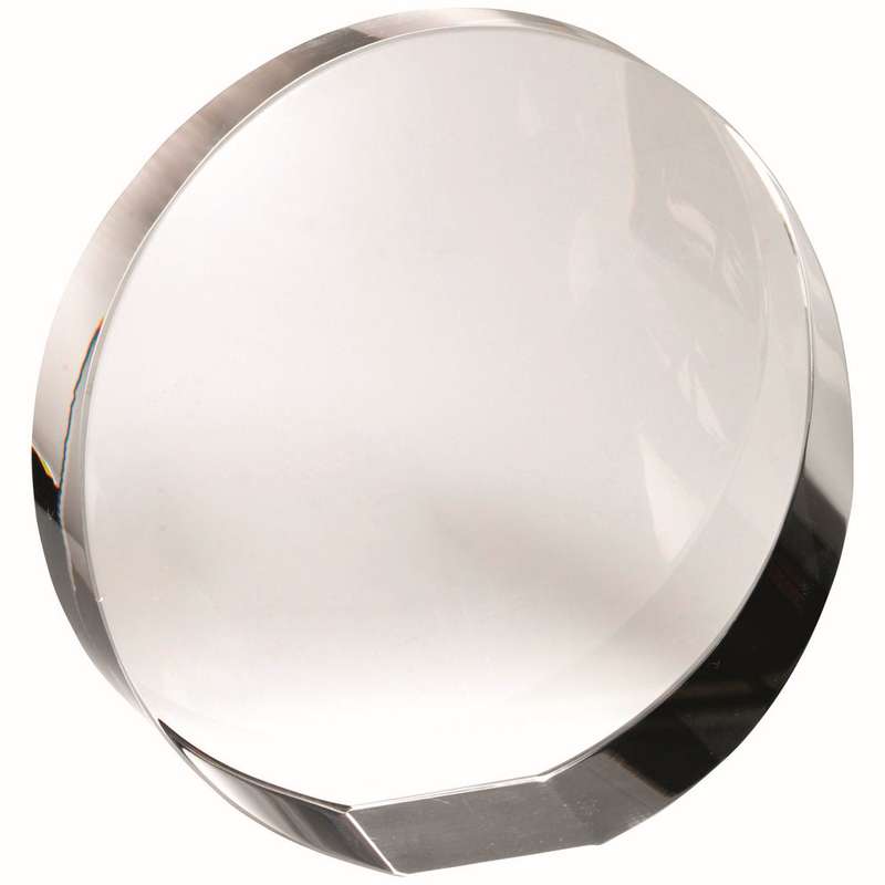 CLEAR GLASS ROUND WEDGED PAPERWEIGHT (FLAT OR STANDING) – 3.5in