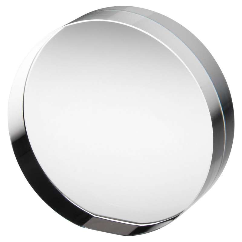 CLEAR GLASS ROUND FREESTANDING PAPERWEIGHT (30mm THICK) – 3.25in