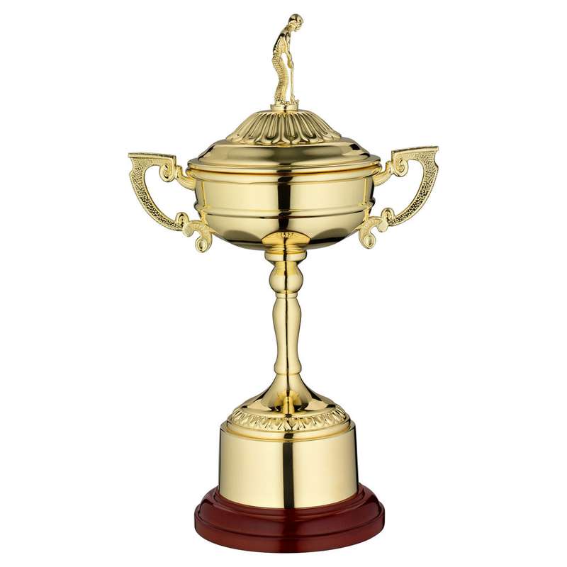 GOLD FINISH RYDER CUP ON ROUND BASE WITH PLINTH – 12in