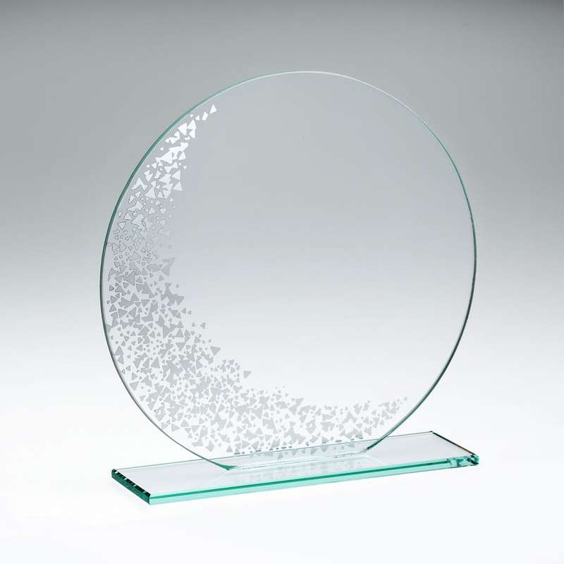 JADE GLASS ROUND PLAQUE WITH SILV DETAIL (4mm THICK) – 5.5in